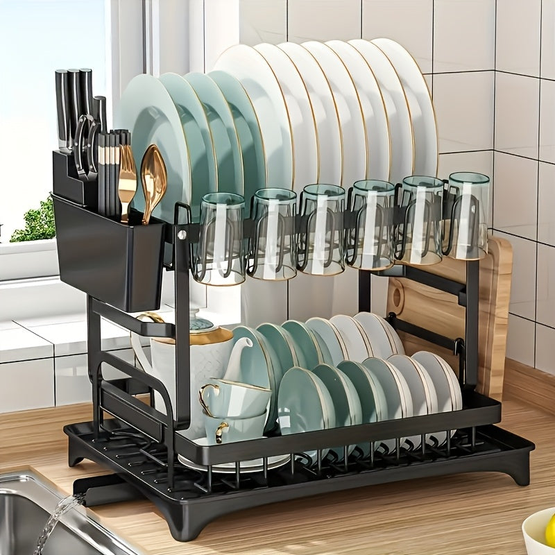 Dish Rack With Drainboard, Utensil Holder & Cup Hooks