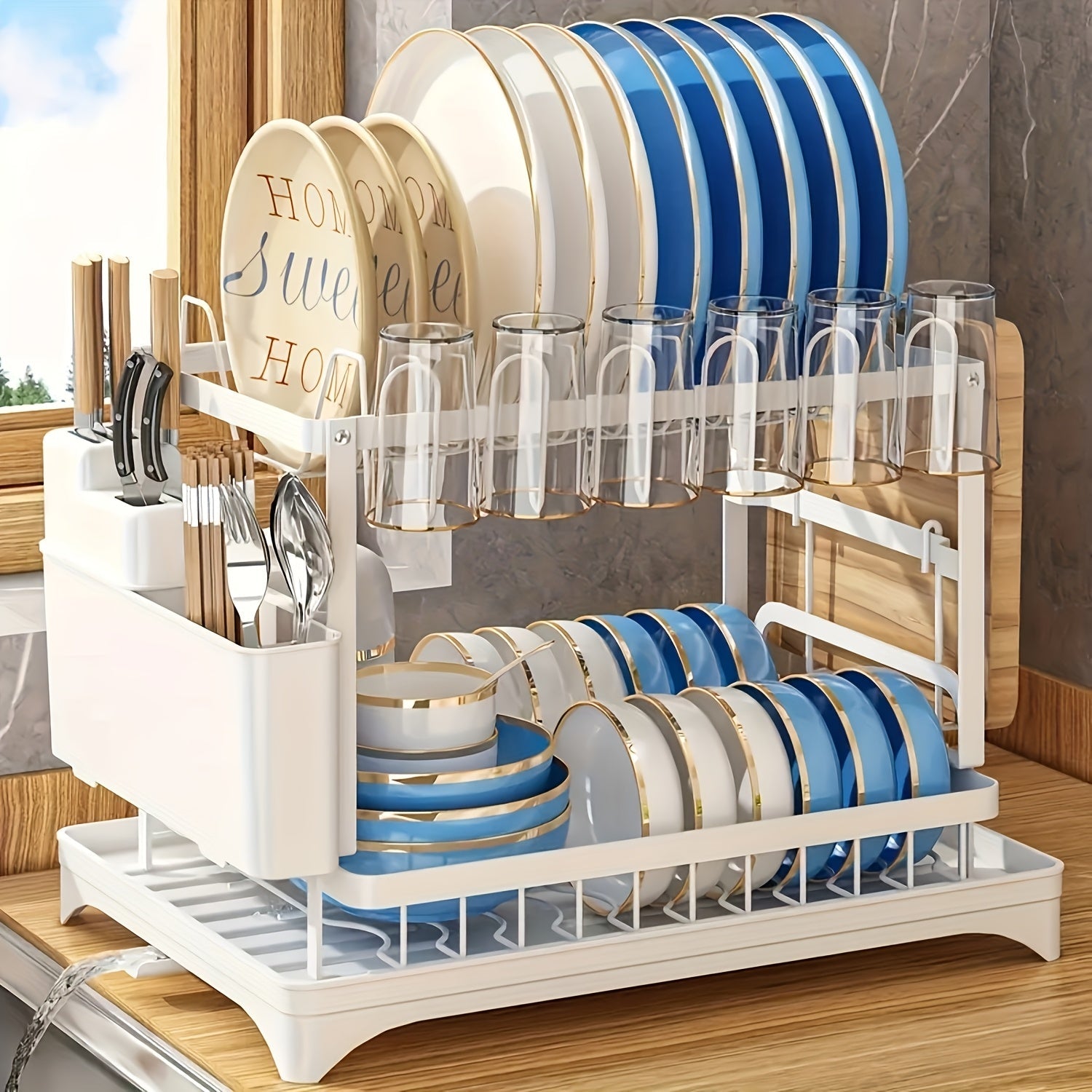 Dish Rack With Drainboard, Utensil Holder & Cup Hooks