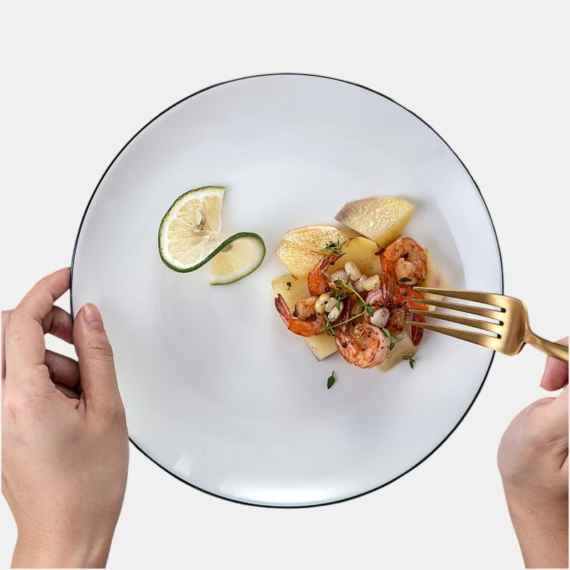 6-Piece White Dinner Plate Set – with Black Rim